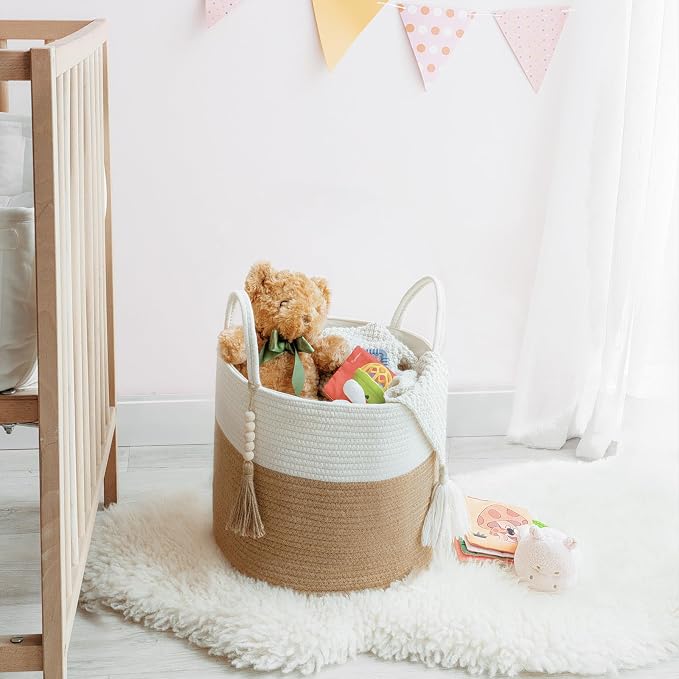 Mkono Woven Storage Basket Decorative Rope Basket Wooden Bead Decoration for Blankets,Toys,Clothes,Shoes,Plant Organizer Bin with Handles Living Room Home Decor, 11" W × 11" L, Cream White and Brown - Image 8