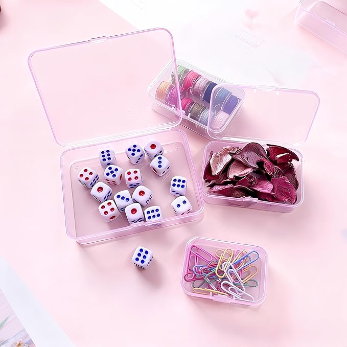 LJY 28-Piece Plastic Storage Containers with Lids (3 Assorted Sizes), Rectangular Organizer Box Set Pink Tinted Organizer Cases for Sewing, Stickers & Crafts, Color-Coded Storage, Pink