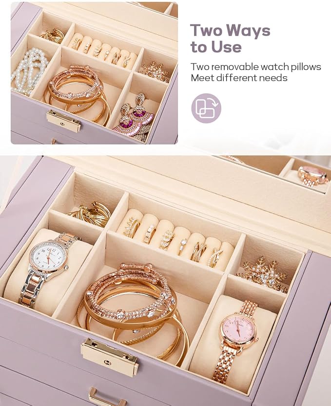 Homde Synthetic Leather Huge Jewelry Box Mirrored Watch Organizer Necklace Ring Earring Storage Lockable Gift Case (Grey Purple + Gold) - Image 4