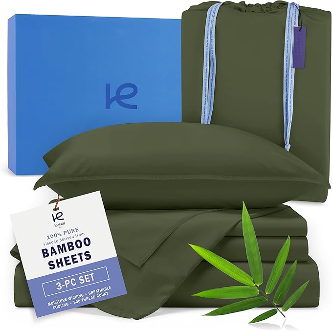 Kickoff Viscose Bamboo Sheets Twin Size 3-pc 100% Organic Bamboo Viscose Bed Cooling Sheets Twin Size Set Cool Bedding for hot Sleepers Sheet, Flat, Fitted, Pillowcase (Green, T)