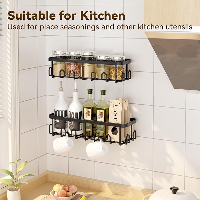 YASONIC Adhesive Shower Caddy, 2 Pack Black Shower Shelves for Inside Shower, Rustproof Shower Organizer with Soap and Toothbrush Holder, No Drilling Shower Storage for Bathroom/Kitchen - Image 8