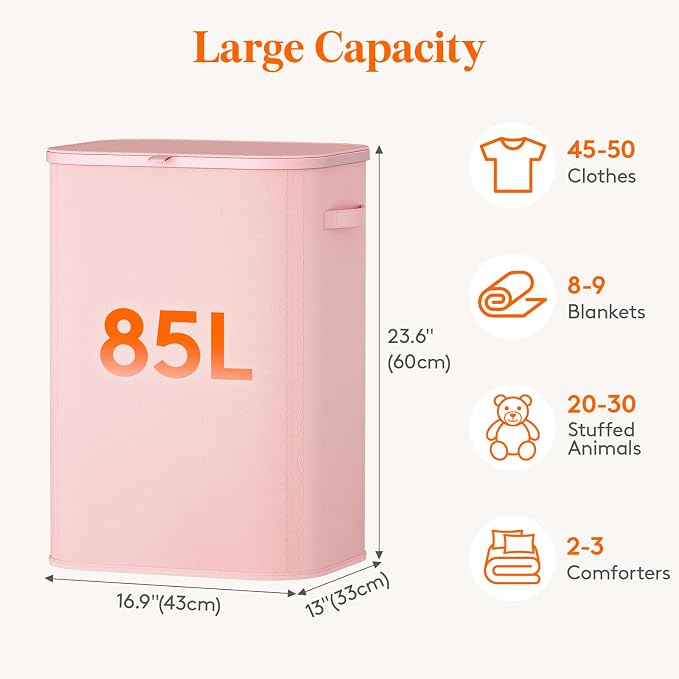 Lifewit 85L Large Laundry Basket with Lid, Laundry Hamper with Plastic Handles and Removable Bag, Foldable Tall Dirty Clothes Hampers for Laundry for Laundry Room, Bedroom, Bathroom, Dorm, Pink - Image 3