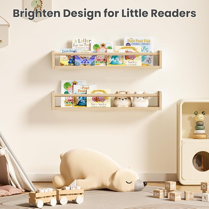 upsimples 2 Pack Nursery Book Shelves, 23.6 Inch Floating Bookshelves for Wall, Baby Nursery Decor, Small Solid Wood Wall Mounted Shelves for Baby Kids Boys Girls, Natural - Image 7