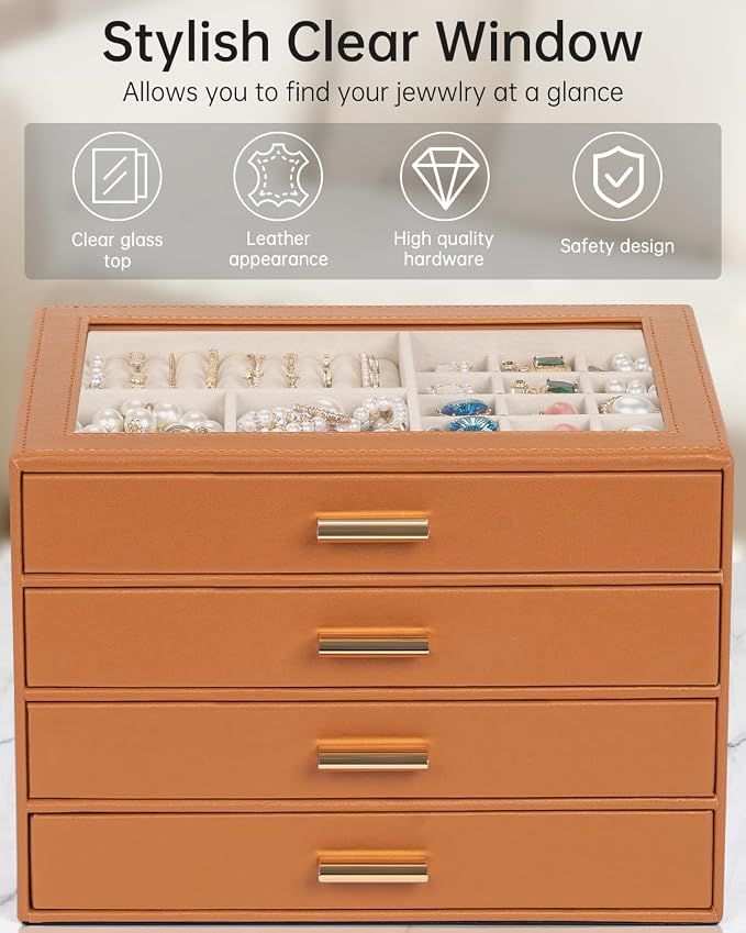 AKOZLIN Jewelry Box with Clear Lid Functional Leather Jewelry Storage Organizer Case 4 Drawers for Women Girls Necklace Ring Bracelet Earring Orange - Image 6