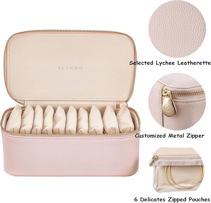 VLANDO Travel Jewelry Box Organizer – Portable PU Leather Jewelry Case with 6/8/12 Zippered Pouches, Compact Storage for Earrings Rings Necklaces Bracelets, Rosy Mauve - Image 7