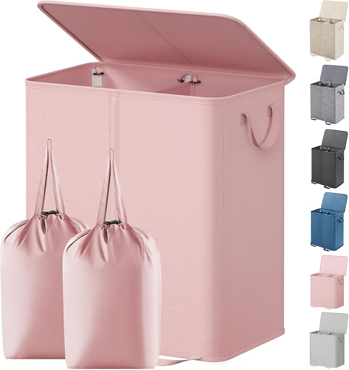 Lifewit Double Laundry Hamper with Lid and Removable Laundry Bags, Large Collapsible 2 Dividers Dirty Clothes Basket with Handles for Bedroom Laundry Room Closet Bathroom College, 155L Pink by Lifewit
