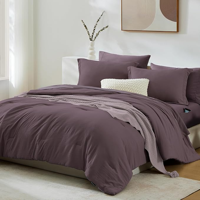 WRENSONGE Oversize King Size Comforter Set- 7 Pieces Artic Plum Bed in a Bag Oversize King Size Comforter with Fitted Sheet, Flat Sheet, 2 Pillow Shams, 2 Pillowcases, Warm Bedding Sets for All Season
