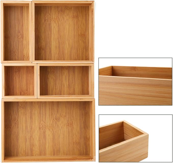 Lawei Set of 5 Bamboo Drawer Organizer Boxes, Desk Storage Box Kit, Drawer Storage Containers Tray Bins for Office, Kitchen, Bedroom, Children Room, Craft, Sewing - Image 3
