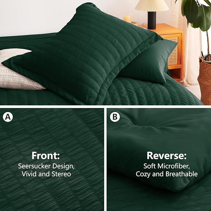 CozyLux King Size Comforter Set Emerald Green Seersucker 7 Pieces Bed in a Bag King Comforter Set with Sheets, Luxury Bedding Sets with Down Alternative Comforter, Sheets, Pillowcases & Shams