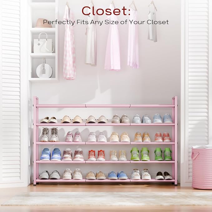 Bumusty 5-Tier Long Expandable Shoe Rack for Closet, 18"-44" Adjustable Shoe Rack for Entryway, 25-30 Pairs Large Shoe Organizer Shelf Storage, Sturdy Metal, Pink - Image 2