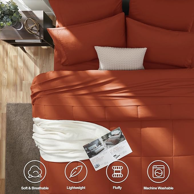 CozyLux Queen Comforter Set Terracotta, 7 Pieces Bed in a Bag, Burnt Orange Fall Comforters Queen Size, All Season Bedding Sets with Stitch Quilted Comforter, Flat Sheet, Fitted Sheet, Pillowcases
