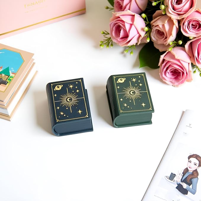 Book Shaped Ring Box - Vintage Engagement Ring Box with Hinged Lid for Proposal Engagement Wedding, Proposal Ring Case with Magnetic Closure-PRB011-Green - Image 5