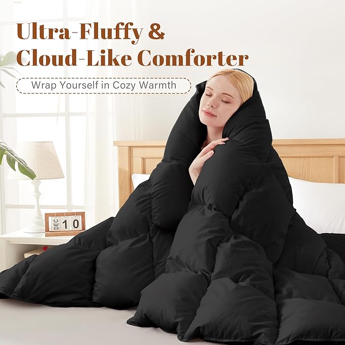 Feather and Down Comforter Insert Queen Size, 100% Cotton Cover, All Season Black Down Feather Duvet Insert, Fluffy Soft Hotel Luxury Bedding for Bedroom, 90 x 90 Inches