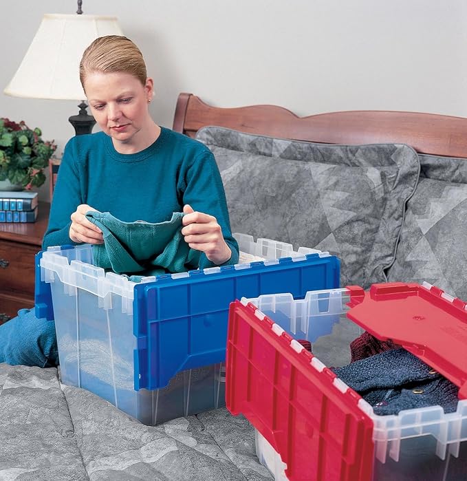 Akro-Mils KeepBox 12 Gallon Storage Container, Nesting and Stackable Plastic Storage Box with Lid Attached, Clear Tote for Garages, Closets, Moving, 21-1/2" x 15" x 12-1/2", Clear/Blue, Pallet of 48 - Image 2
