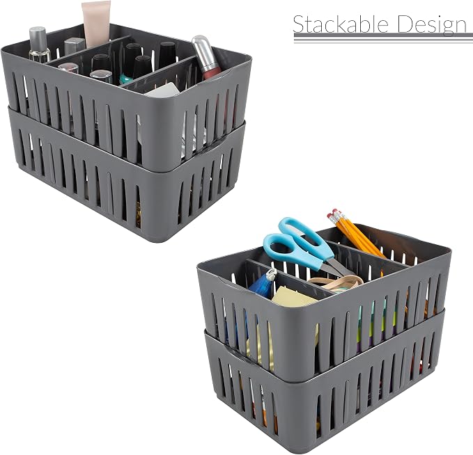 Simplify 4 Pack 3 Compartment Stackable Bin with Adjustable Dividers | Drawer Organizer | Storage Basket | Good for Office | Desk Supplies | Dorm | Bathroom | Accessories | Make Up | Grey - Image 4