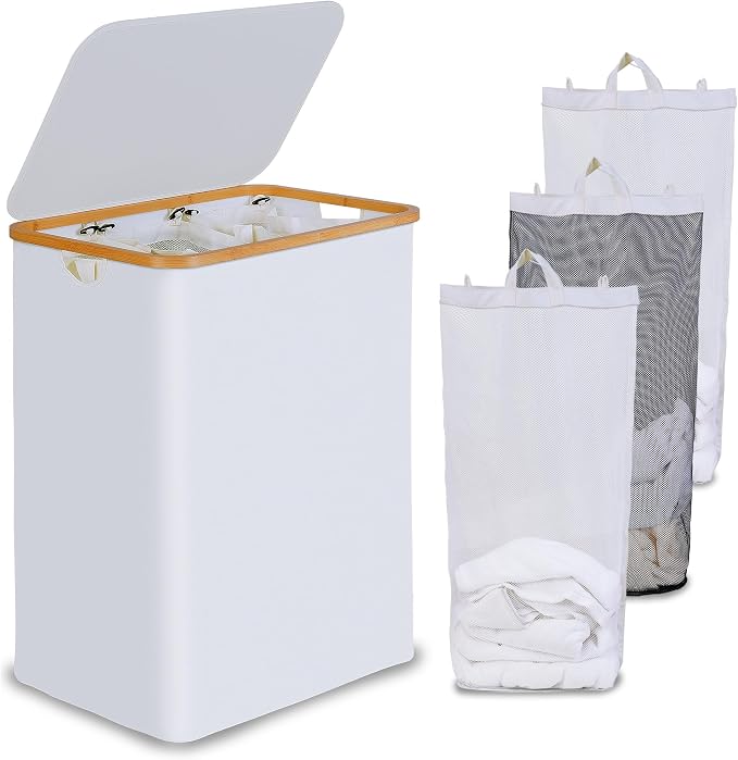 efluky Laundry Hamper with Lid, Double Laundry Hamper with 2 Removable Bags, 2 Section Laundry Basket with Bamboo Handles for Bathroom, Bedroom & Laundry Room (White, 160L Trio) by efluky
