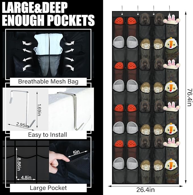 Windyun 40 Over the Door Shoe Organizer Large Breathable Mesh Pockets Hanging Shoe Rack for Closet Black Behind Door Hanger Storage Holder Nonslip Hooks for Women Men Entryway Bedroom Utility Room - Image 3