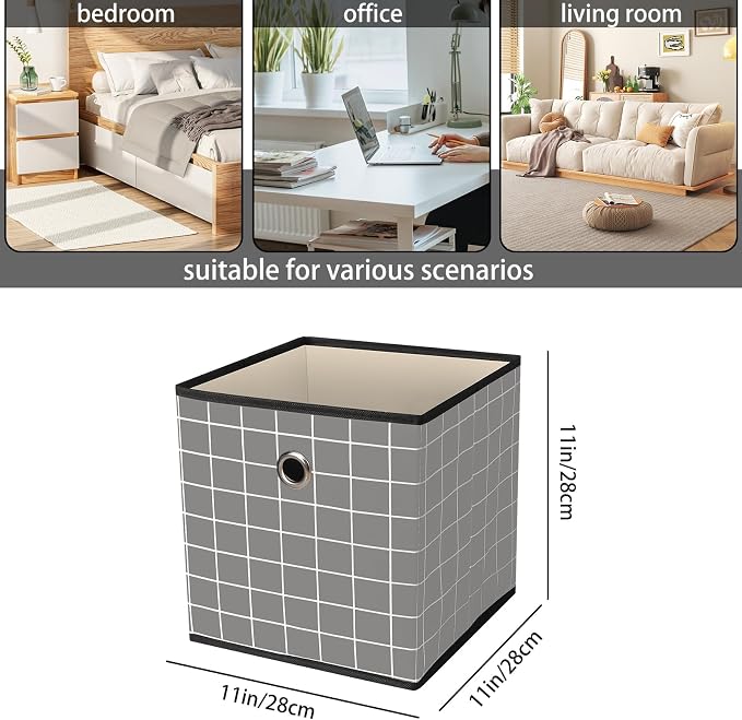 Foldable Storage Cubes Bins,11 Inch Cloth Storage Cube Fabric Storage Box Cubes Organizer Baskets with Dual Handles for Home Organizer Set of 3 (Grey grid) - Image 2