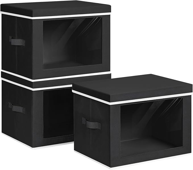 Homsorout Large Storage Baskets Bins with Lids - Stackable Cube Bins for Closet, 3 Pack Black Windows Organizer Bins, Home Organizers and Storage for Clothes, CD, Towels by Homsorout