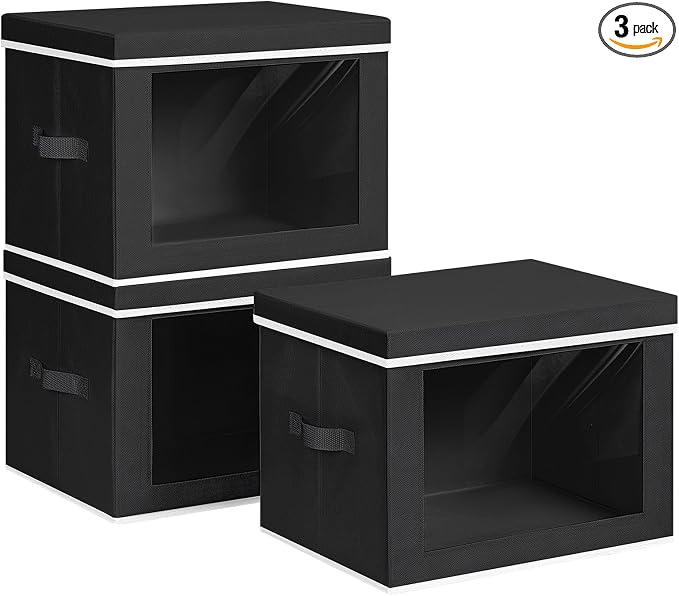 Homsorout Storage Bins with Lids, 3 Pack Large Storage Cubes with Window, Closet Bins with Lids & Handles, Fabric Box for Organizing Clothes, Towels, Books, Black by Homsorout