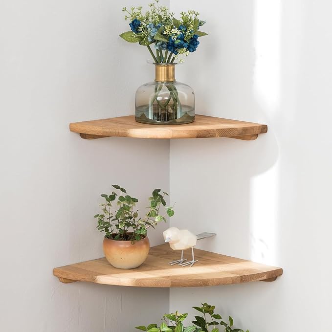 Corner Shelves, Floating Corner Shelf, Set of 2 Solid Oak Wood Wall Shelves, Round End Wall Mount with Wire Hole Shelving for Small Plant for Bedroom Kitchen, Living Room 8.7“ - Image 8