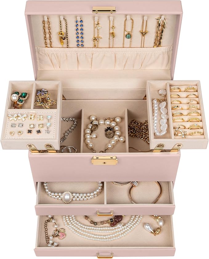 AKOZLIN Travel Jewelry Box Organizer Functional 2-trays Leather Jewelry Storage Case with Lockable Portable 2 Drawers for Women Girls Ring Necklace Earring Bracelet - Image 2
