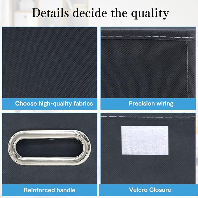 STOREONE Fabric Storage Cube Bins Foldable Organizer Container Collapsible Basket with Lids and Metal Handles, for Home, Bedroom, Closet 8 Pcs (Grey) - Image 7