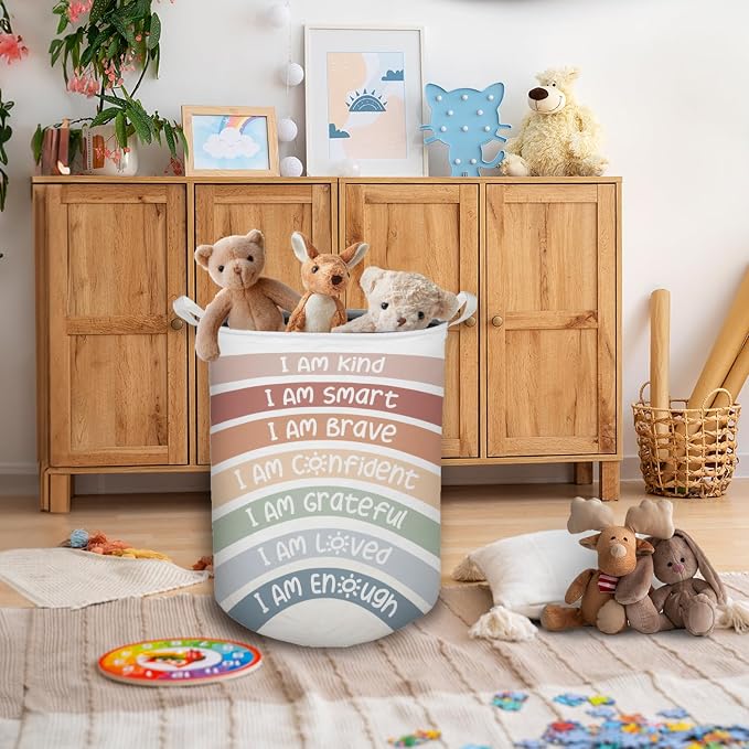 Boho Rainbow Laundry Basket, Positive Affirmations Inspirational Waterproof Collapsible Laundry Hamper Dirty Clothes Storage Toy Bin Organizer for Kids Room College Dorm Bedroom Bathroom - Image 5