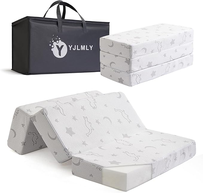 YJLMLY 5" Tri-Fold Foam Pack and Play Mattress Topper,39"x26"- Memory Comfort High Density Plush - Breathable Removable Washable Cover - Portable Travel Pad with Carry Bag for Indoor & Outdoor Use