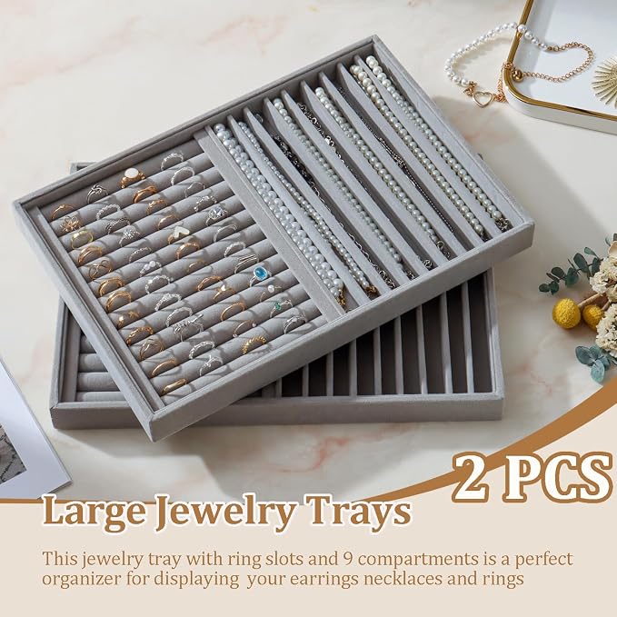 Large Velvet Jewelry Tray 2 Pack Stackable Jewelry Display Drawer Inserts Trays Organizer for Earring Bracelet Necklace Ring (Gray, Ring and 9 Grids) - Image 2