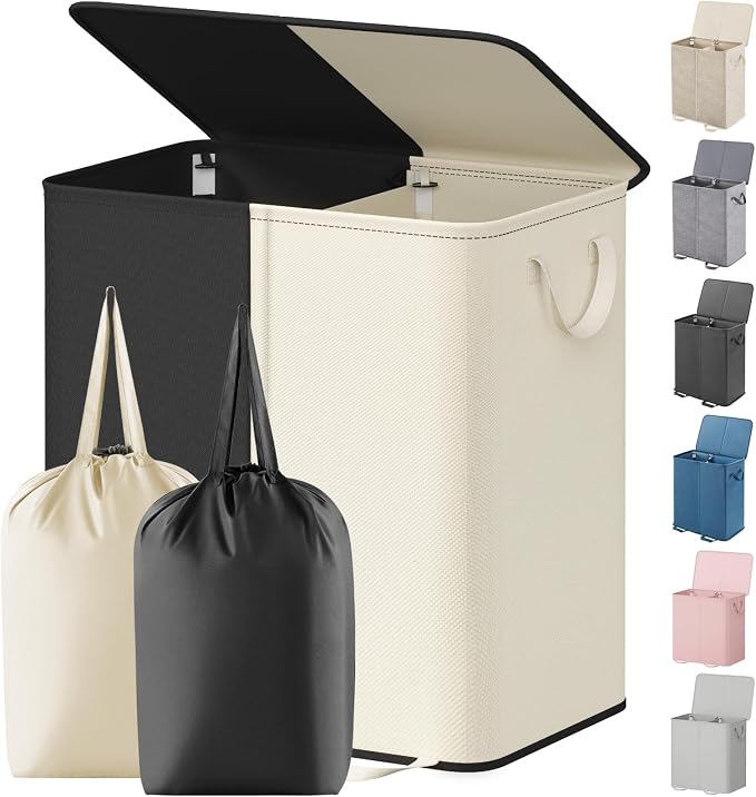Lifewit Double Laundry Hamper with Lid and Removable Laundry Bags, Large Collapsible 2 Dividers Dirty Clothes Basket with Handles for Bedroom Laundry Room Closet Bathroom College, 136L White&Black by Lifewit