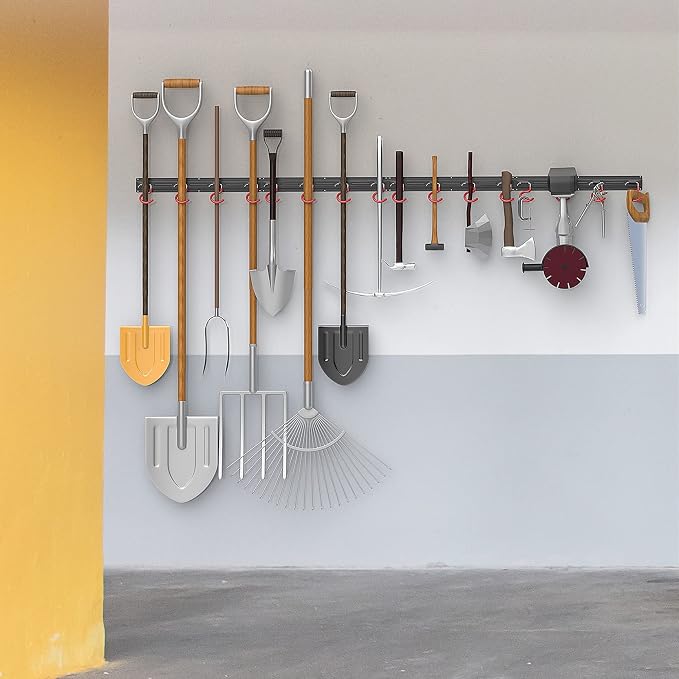 WALMANN All Metal 64 Inch Wall Mount Garden Tool Organizer for Garage, Mop and Broom Holder, Yard Tool Storage Rack for Rake, Shovel, Spade, Mop, Broom(4 Rails, 16 Hooks) - Image 7