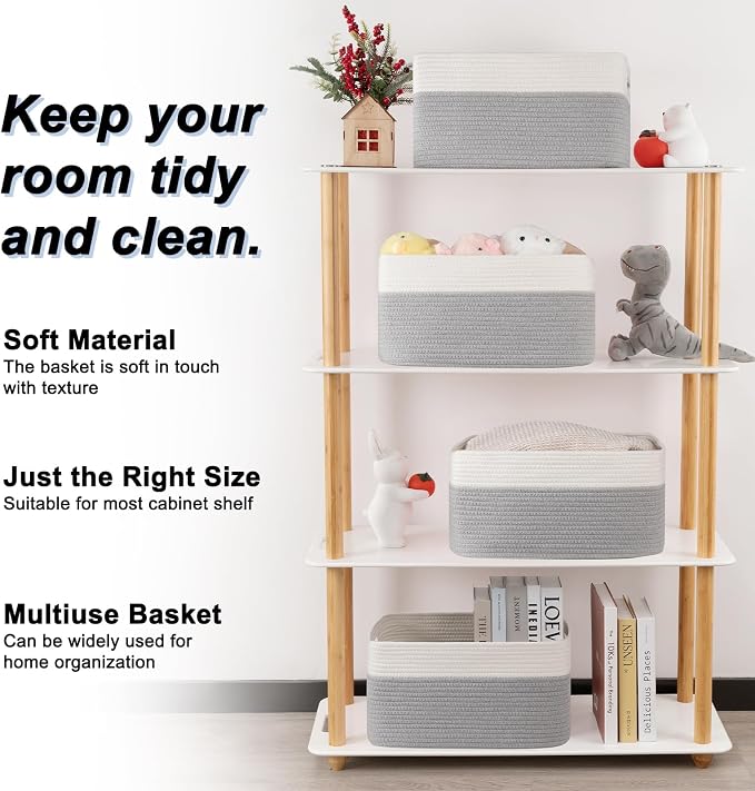4 Pack Storage Baskets for Organizing, Woven Baskets for Shelves - Perfect for Toys, Books, Towels, and Clothes, Durable Gift Basket Bins Toy Storage, 15.7''Lx11.8''Wx7.8''H, Grey and White - Image 3