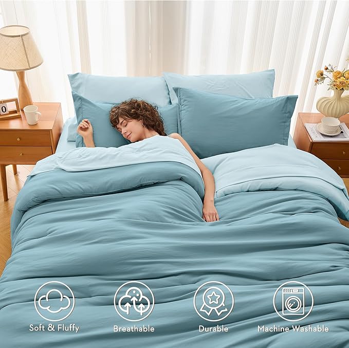 MUXHOMO 7 Pieces Full Comforter Set, Soft Bed in a Bag Full Size, All Season Bedding Set with Comforter, Flat Sheet, Fitted Sheet, Pillowcases & Shams, Mineral Blue & Light Blue