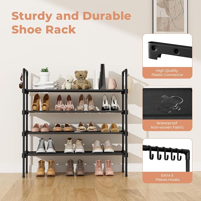 LANTEFUL 4 Tier Shoe Rack for Closet Shoe Organizer with 5 Hooks, Long Shoe Shelf Storage for Shoe and Boot Stackable Free Standing Shoe Rack for Entryway, Garage, Small Spaces, Dorm, Black - Image 4