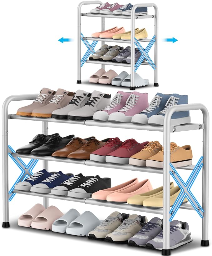 YEASHEIN 3-Tier Expandable Shoe Rack for Closet Floor, X-Frame Metal Small Shoe Rack for Entryway, Adjustable Shoe Shelf Organizer, Free Standing Shoe Racks for Front Door Entrance, Garage - White by YEASHEIN