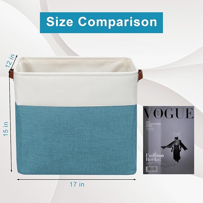 Bagnizer Large Fabric Storage Baskets | 50L Storage Bins, Decorative Linen Closet Baskets with Handles for Organizing, Shelf, Toys, Clothes, Home, Office, Nursery, 17x12x15Inches (Teal&White) - Image 3