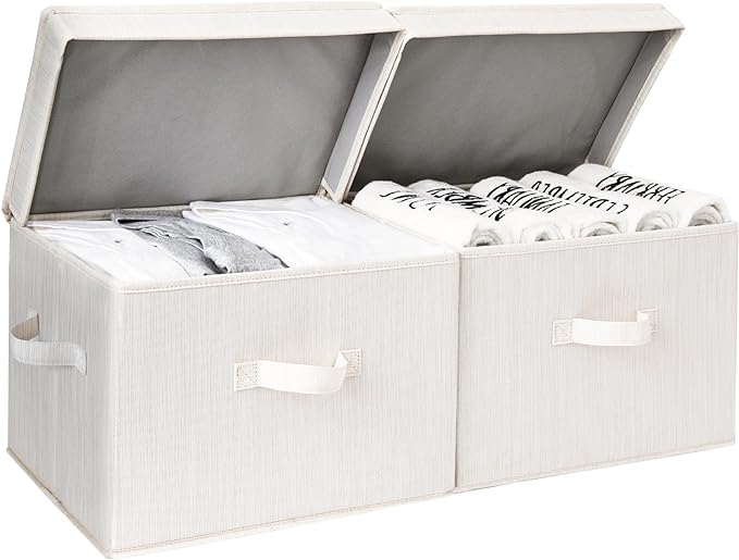 StorageWorks Fabric Storage Bins with Lid, Decorative Storage Boxes for Shelves, Stackable Closet Organizer Basket with Handles, Large, Mixing of Beige, White & Ivory, 2-Pack by StorageWorks