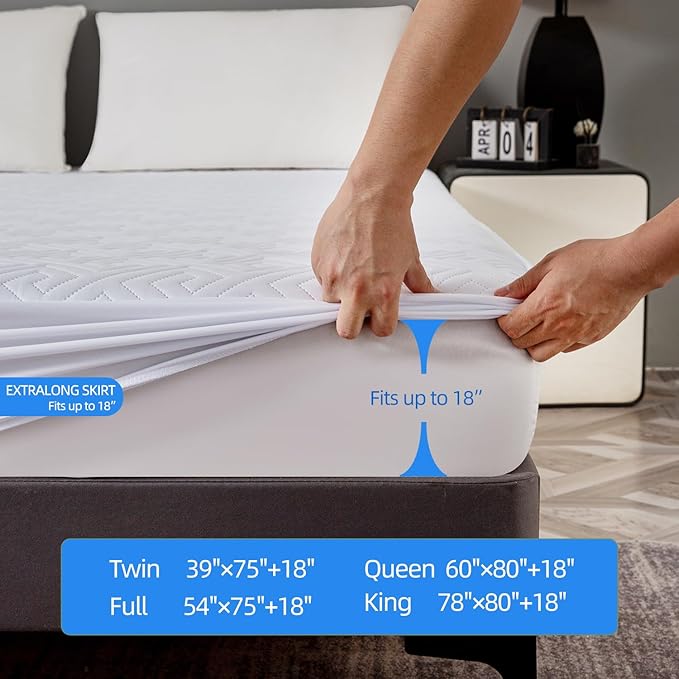 Waterproof Mattress Protector Full Size,IPX5 Quilted Bed Mattress Cover 325GSM,6"-18''Deep Pocket Fitted Sheet,Ultra-Soft Breathable Noiseless Mattress Pad Cover,Vinyl Free Machine Washable