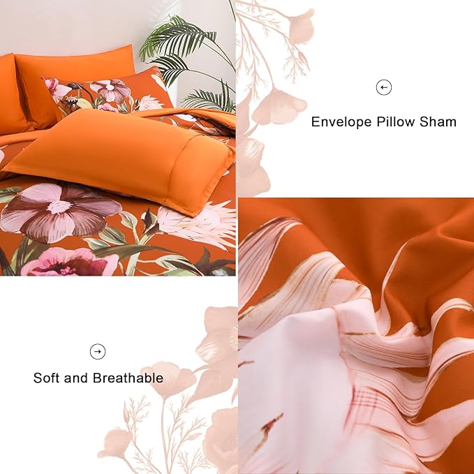 Luxudecor Terracotta Floral Comforter Set King Size 7 Piece, Flower Bed in a Bag, Elegant Floral Comforter with Sheet Set, Soft Microfiber Bedding Set for All Season (Terracotta, 104"x90")