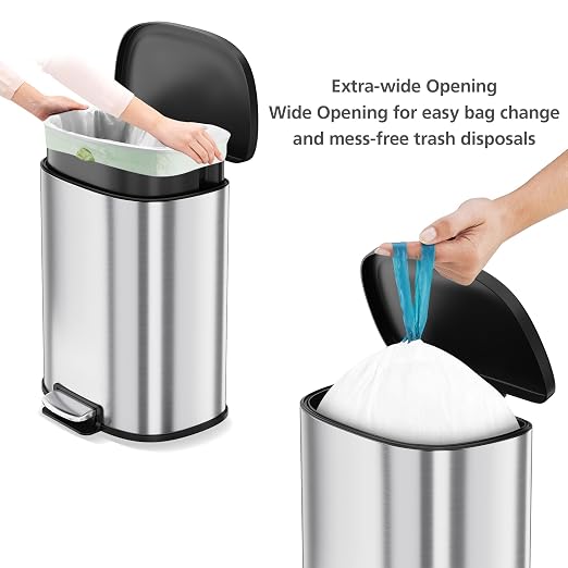 Garvee Stainless Steel Trash Can, 50 L/13 gal Hands Free Garbage Can with Soft Close Lid and Foot Pedal, Metal Kitchen Waste Bin with Inner Bucket for Living Room, Office, D Shape, Silver - Image 8
