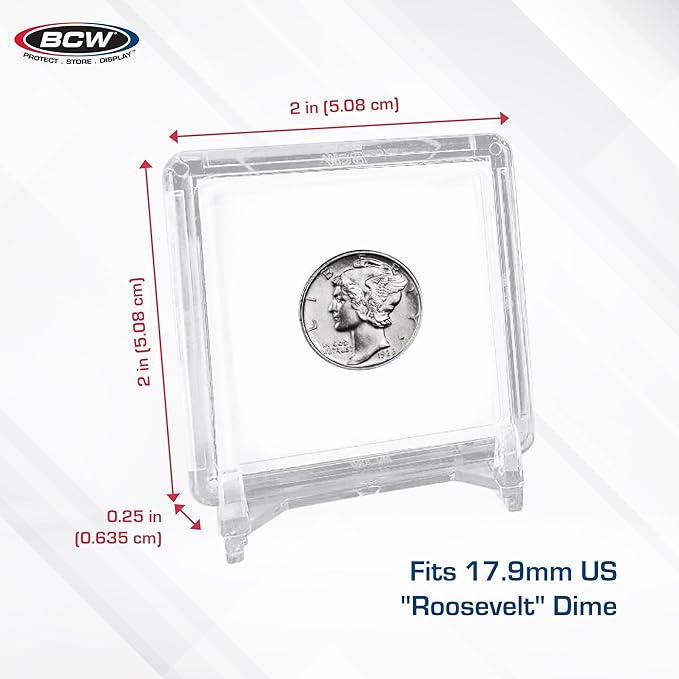 BCW 2x2 Coin Snap - 25 ct Dime Holder | Archival Safe Coin Protector | Crystal Clear Polystyrene Coin Display Case | Ideal for US Roosevelt, Barber, and Mercury Dimes | Coin Holders for Collectors