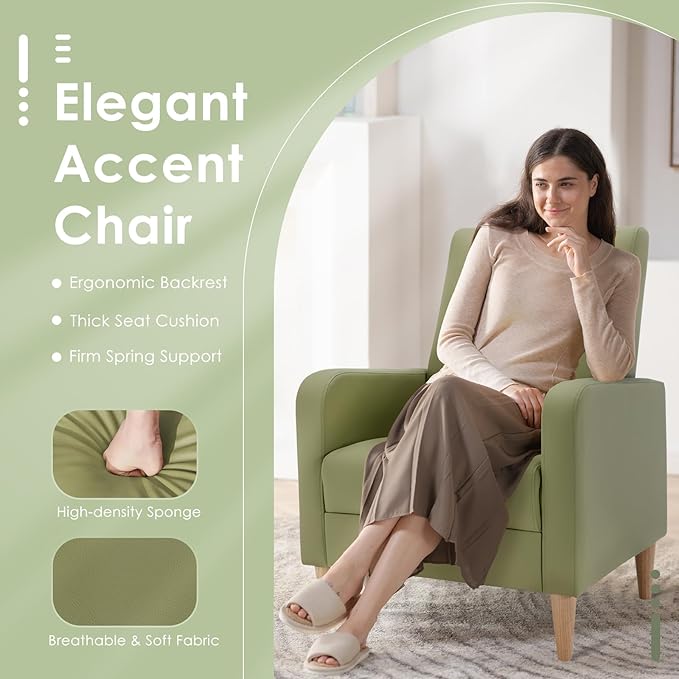 COLAMY Accent Living Room Chairs Set of 2, Upholstered Faux Leather Arm Chair Reading Side Chair with Back Pillow and Wood Legs, L-Green