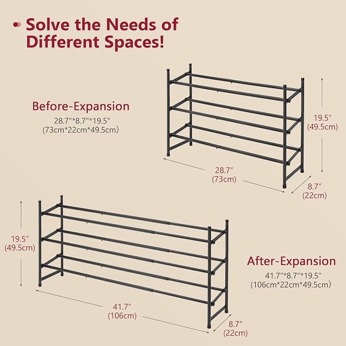 Tajsoon Expandable Shoe Rack for Closet 3 Tier, 28“-41“Adjustable & Stackable Shoe Shelf Storage, Metal Shoe Rack Organizer for Front Door Entrance, Closet, Garage, Entryway, Black - Image 3