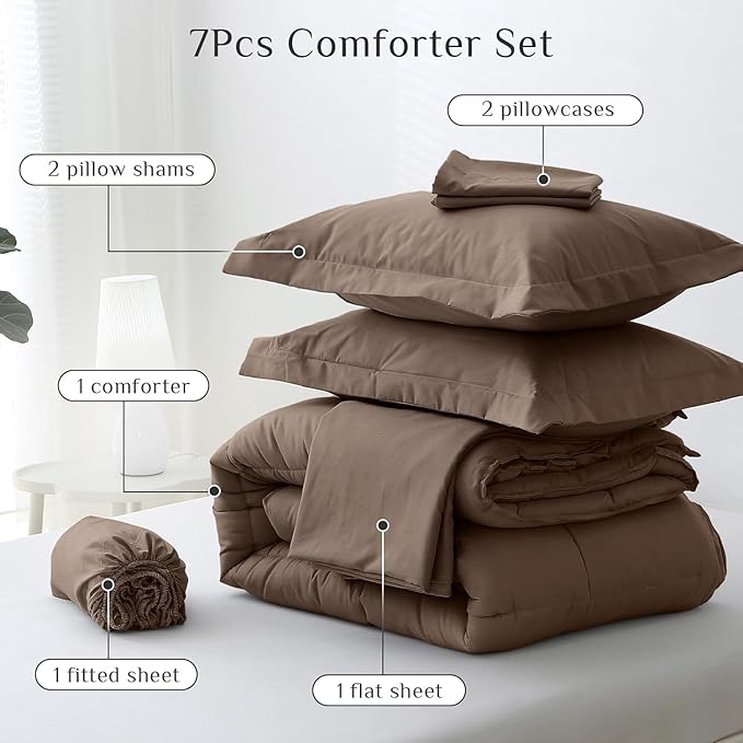 JOLLYVOGUE Full Comforter Set, Ultra-Soft Bed in a Bag Full Size 7 Pieces, Oeko-TEX Certified Bedding Set with Down Alternative Comforter, Sheets, Pillowcases & Shams, Brown