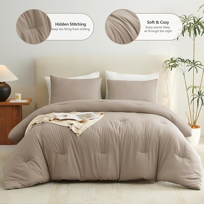 CozyLux Queen Comforter Set Khaki, 3 Pieces Solid Comforters Queen Size Breathable Quilted Bedding Sets, Luxury Soft Lightweight Bed Set with Down Alternative Comforter and 2 Pillowcases All Seasons