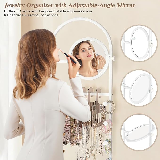 Keebofly Floor Jewelry Organizer with Adjustable Mirror, 67.52" Tall Jewelry Display Stand with 6 Acrylic Earring Necklace Pegboards, Mobile Jewelry Tower with Large Storage Drawer for Women - Image 2