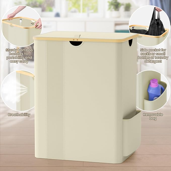 BlissTotes Laundry Basket with Lid, 150L Clothes Laundry Hamper with Handles and 2 Removable Laundry Bag, Breathable Design Hamper with Lid for Bedroom, Bathroom, Dorm, Laundry Room - Beige - Image 4