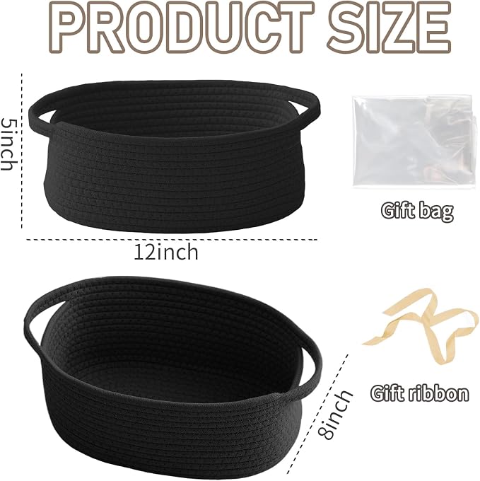 JMvicyroam Woven Basket,Small Rope Storage Bin with Handles & Ribbon Bag, Organizer for Shelves Closets,Gift Basket Empty for Birthday,Books,Dog Toys, Black/3 Pack - Image 2