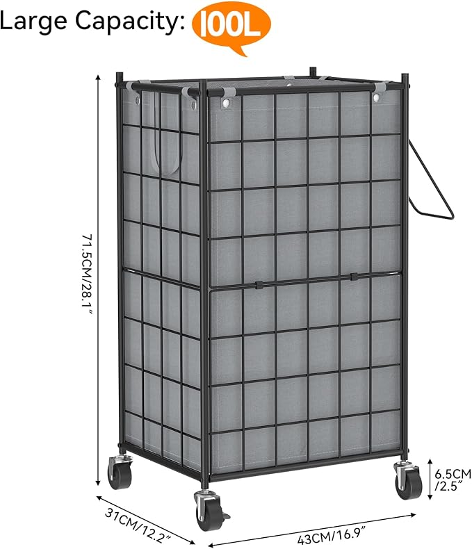 WOWLIVE Laundry Hamper with Wheels,Metal Wire Frame Rolling Laundry Basket with Removable bag,100L Dirty Clothes Hamper Organizer Dorm Room Storage for Bedroom,Bathroom,Grey - Image 4